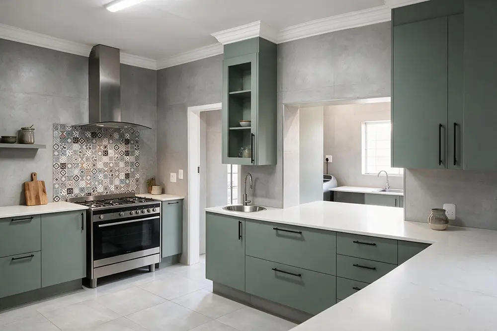 Completed green kitchen renovation by Bathroom Galore