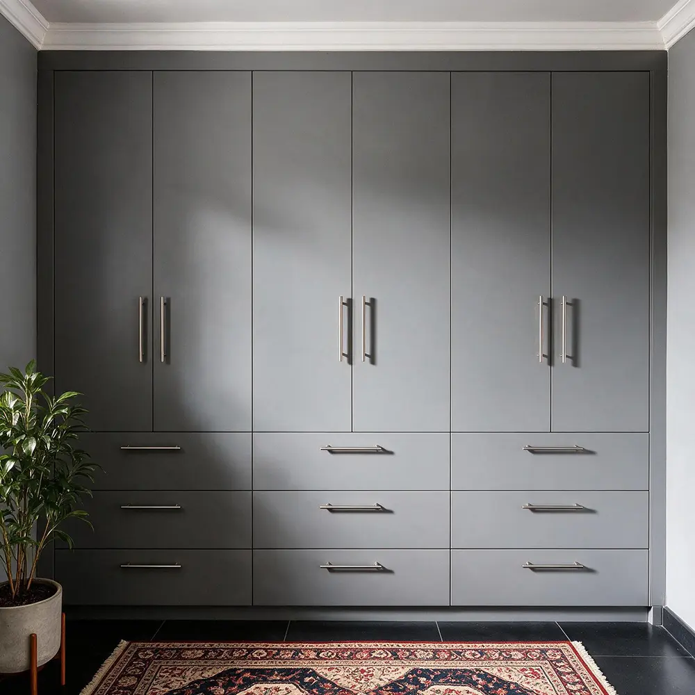 Full height grey built-in bedroom cupboards with integrated drawers by Bathroom Galore