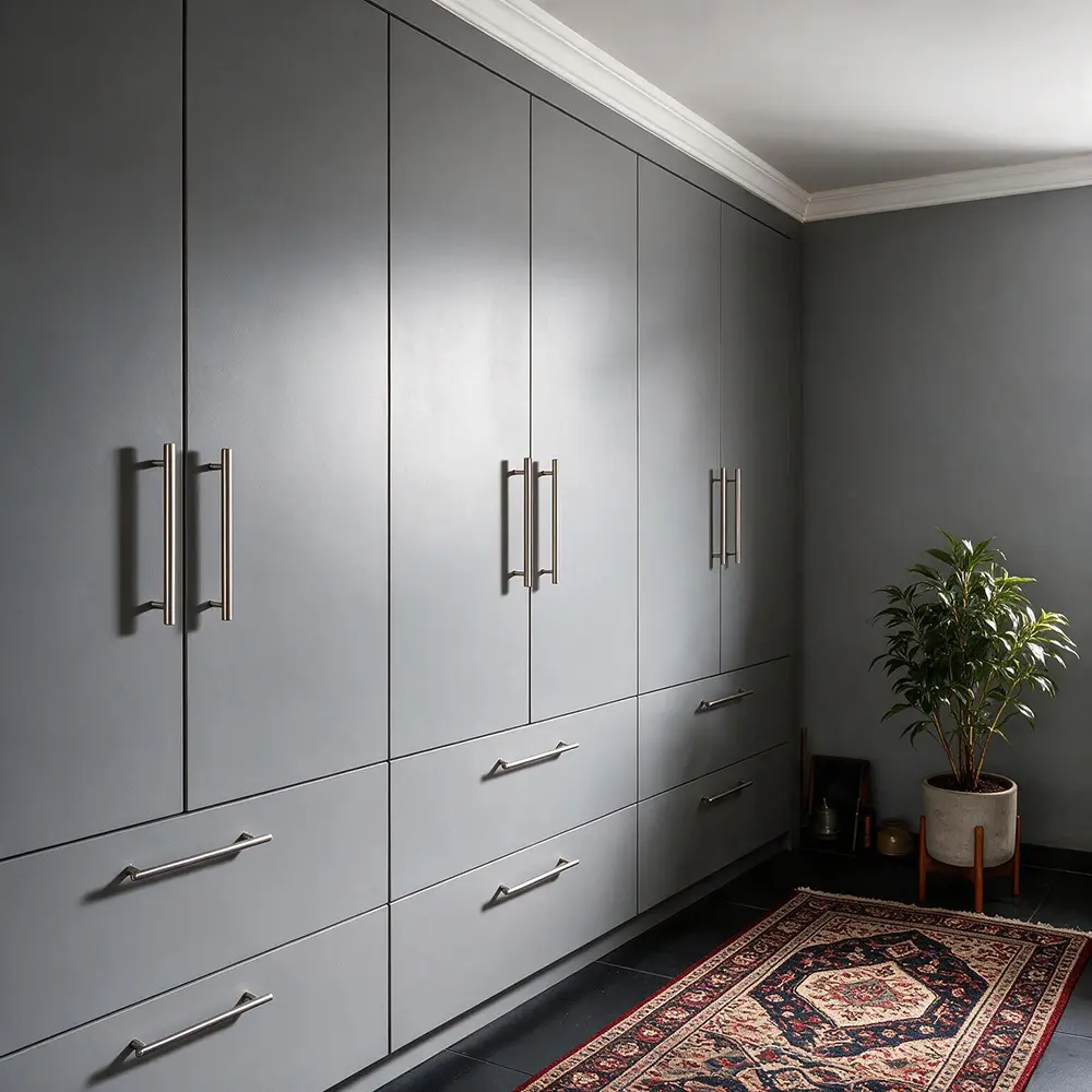 Grey fitted bedroom cupboards with drawer storage by Bathroom Galore